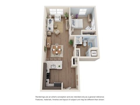 Floor plan for 1 bed, 1 bath, 692 sqft